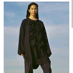 Desiree Klein Kinski Coat Navy Xsm‎ Made In USA Artsy Art To Wear designer bow